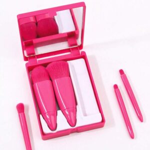 Portable 5 Pcs Travel Makeup Brush Set with Makeup Mirror - Red Pink