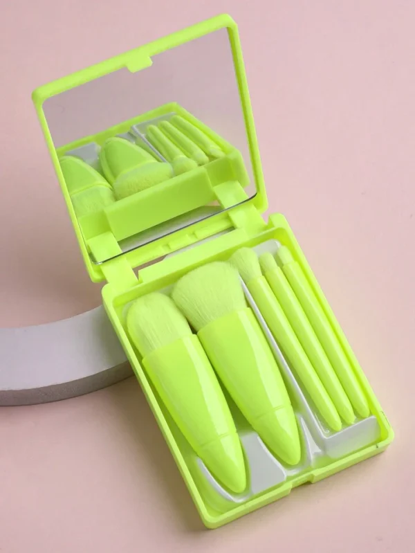 Portable 5 Pcs Travel Makeup Brush Set with Makeup Mirror - Green